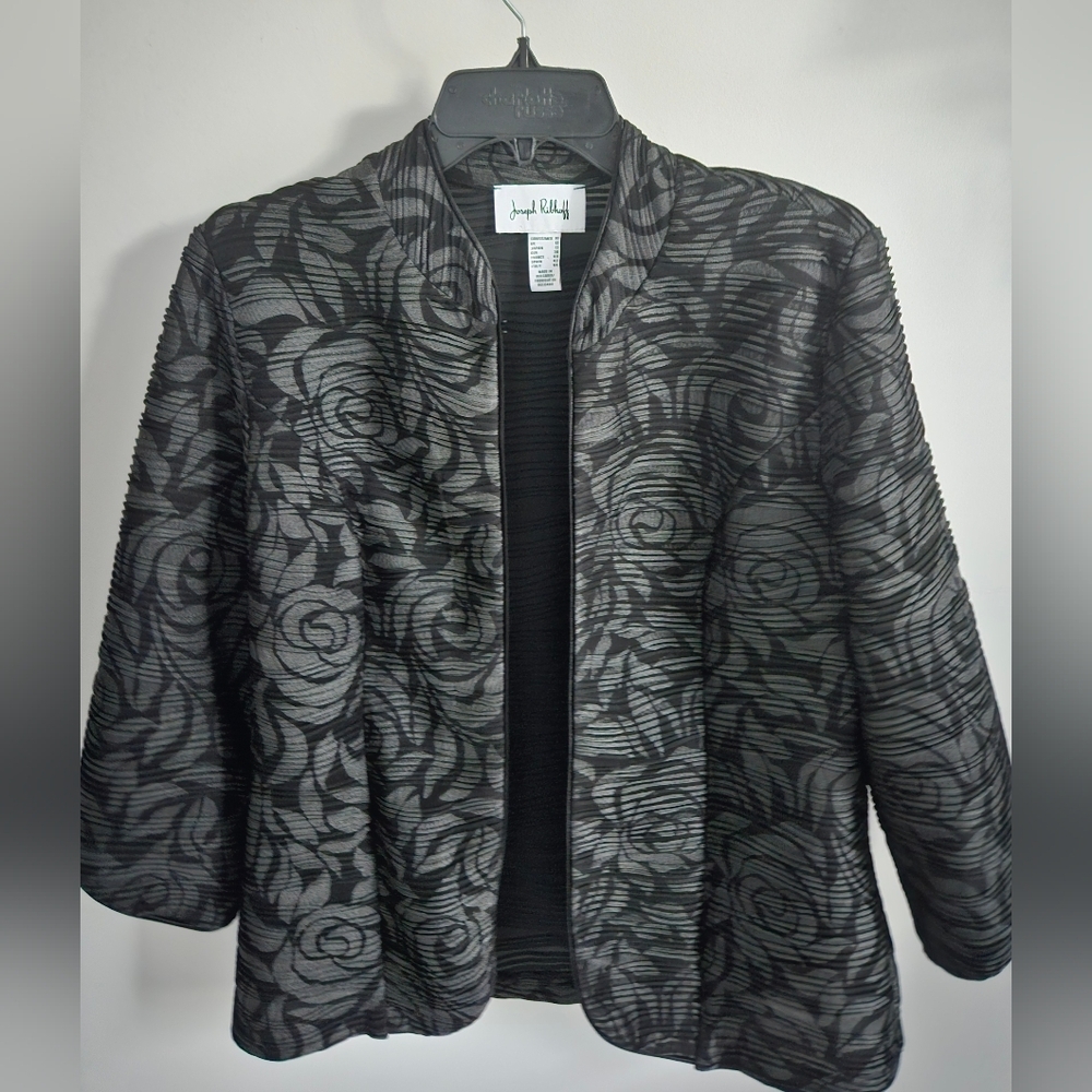 Joseph Ribkoff Blazer Gray Black Jacquard Rose Pattern Jacket - Picture 2 of 7